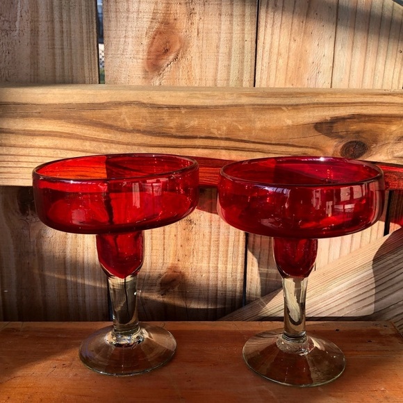 Set of 2 Ruby Red Hand Blown Mexican Margarita Glasses - Picture 2 of 5